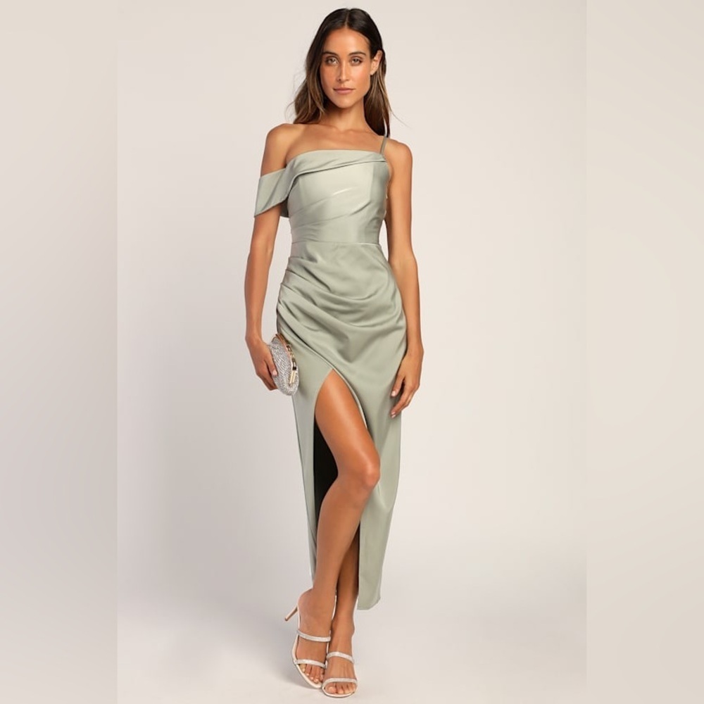 Elegant Off-Shoulder Sage Green Asymmetrical Tulip Midi Dress